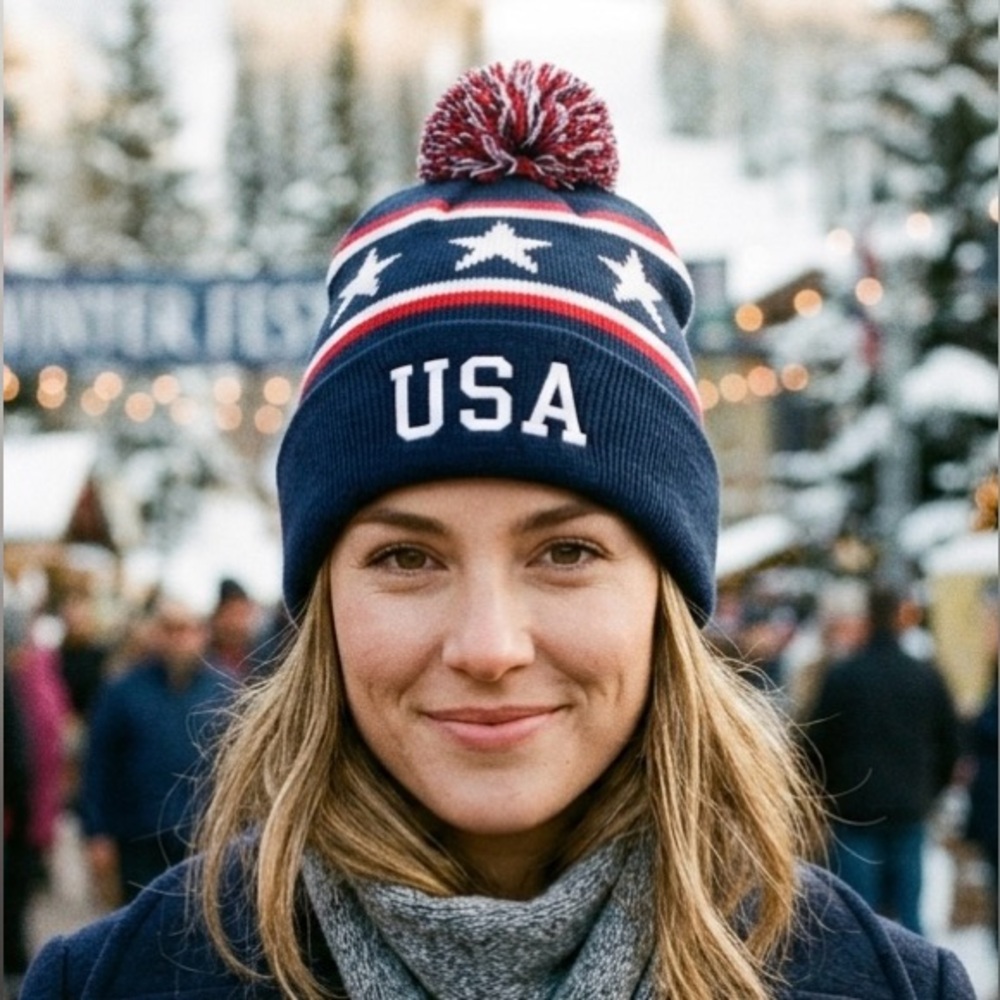 NWT Selini New York USA Patriotic Stars & Stripes Knit Pom Beanie Hat OS